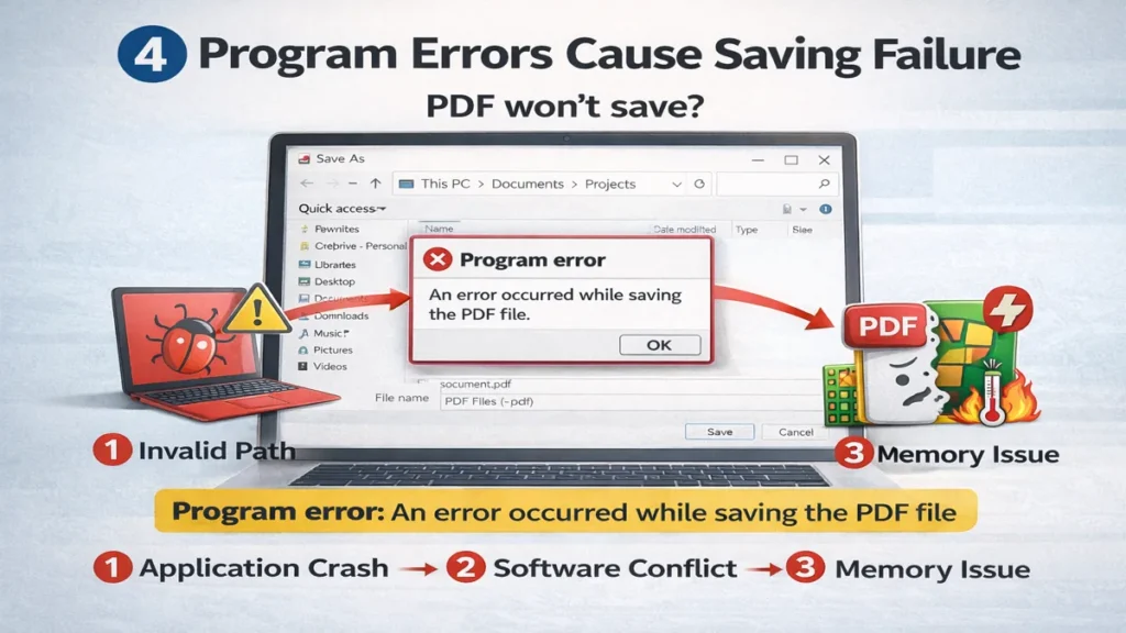 PDF save failed due to program error such as application crash or software conflict
