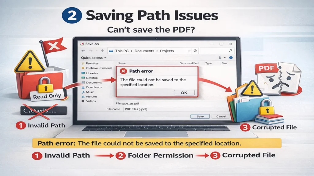 PDF save failed due to invalid file path or folder permission error