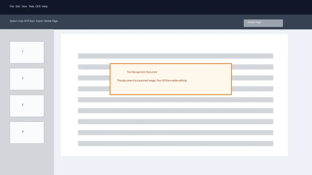 PDF editor interface showing scanned document with OCR required popup and disabled delete page button