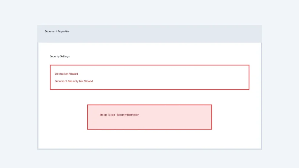 Screenshot of PDF document properties security settings showing password protection and editing restriction