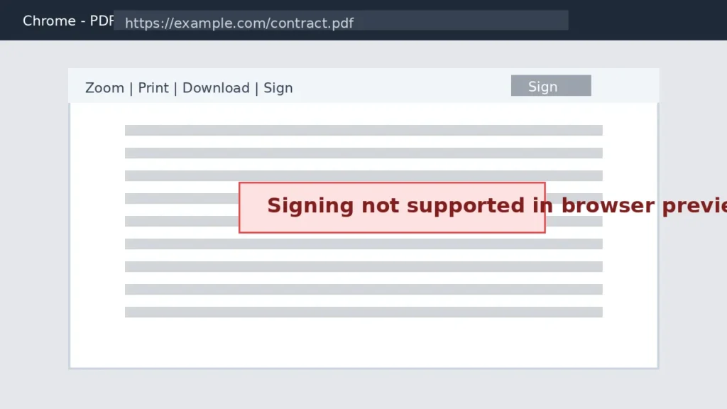 Chrome PDF preview interface showing disabled sign button with browser not supporting signing message