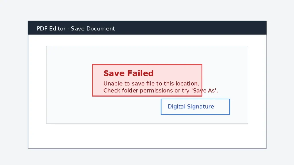 PDF editor interface showing save failed error after digital signature with folder permission warning