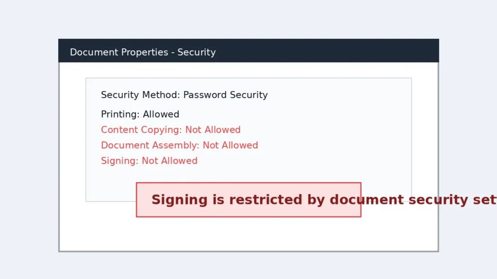 PDF document properties security screen showing signing not allowed and content copying restricted