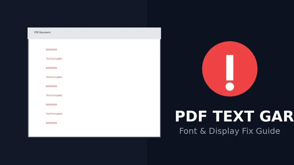 PDF document showing garbled text and square symbols with warning icon for font and display fix guide