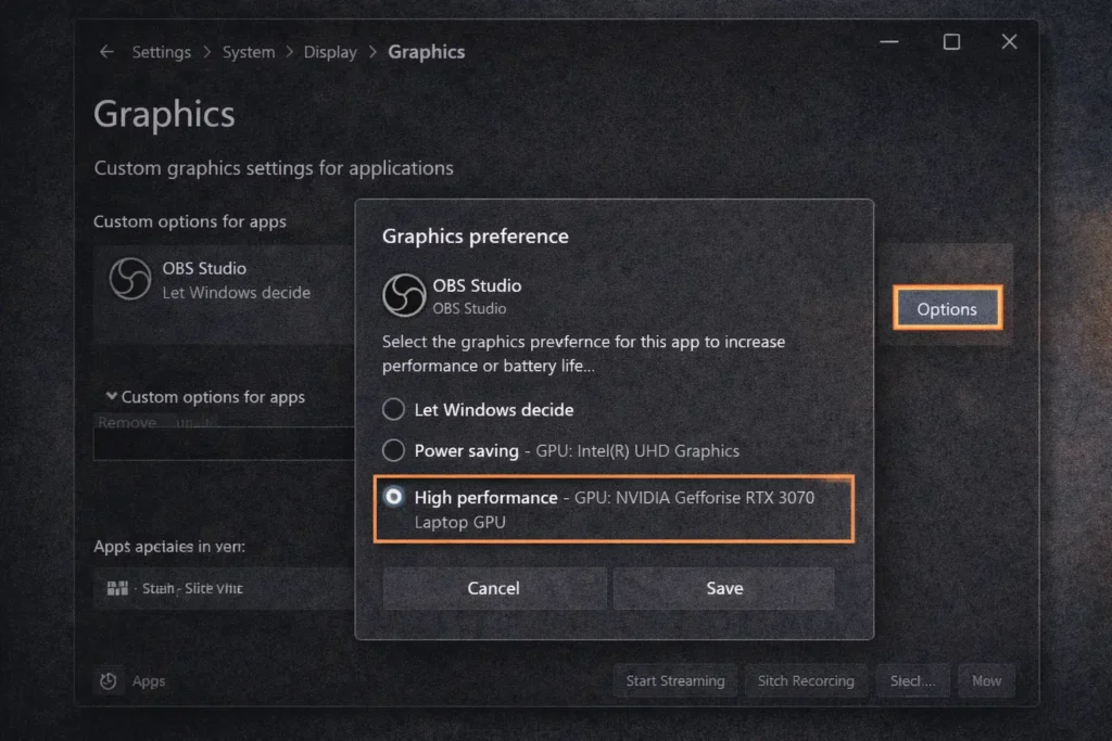 Windows Graphics settings panel showing OBS Studio set to High performance GPU mode