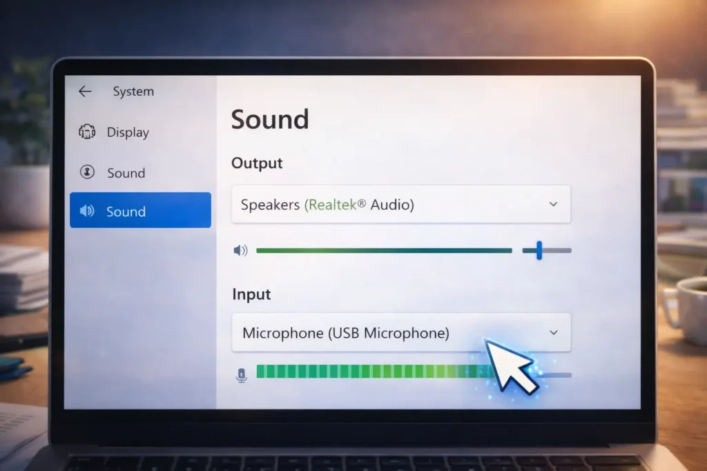 윈도우 소리 설정에서 기본 출력 장치와 입력 장치를 확인하는 화면 예시