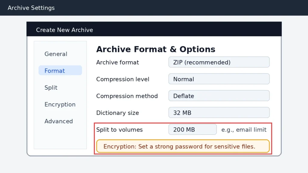 Archive settings dialog showing ZIP format compression options split volumes and encryption password guidance