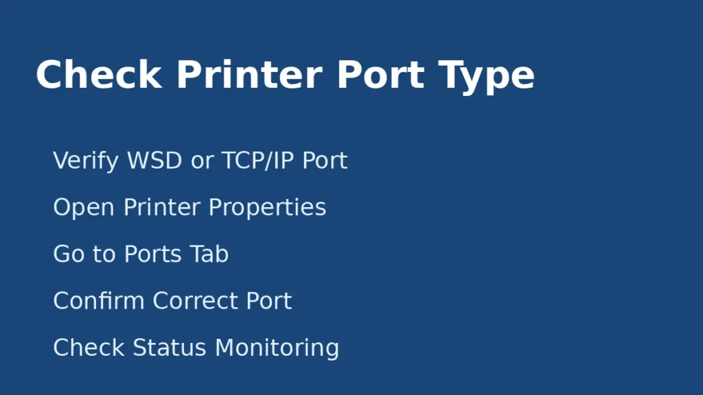 Windows printer port settings showing WSD and TCP IP port configuration and status monitoring check