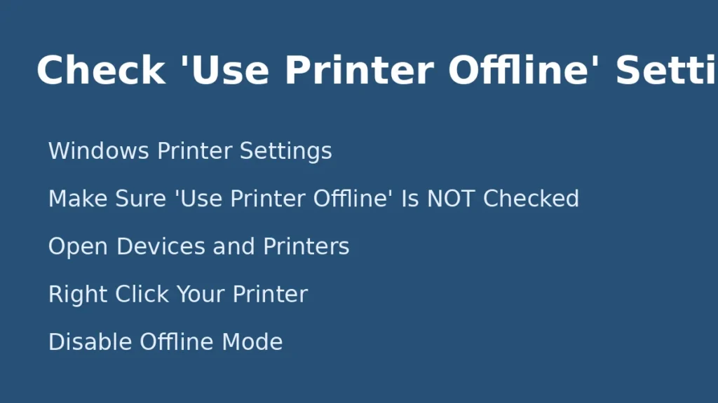 Windows printer settings showing how to check and disable the use printer offline option to restore printer connection