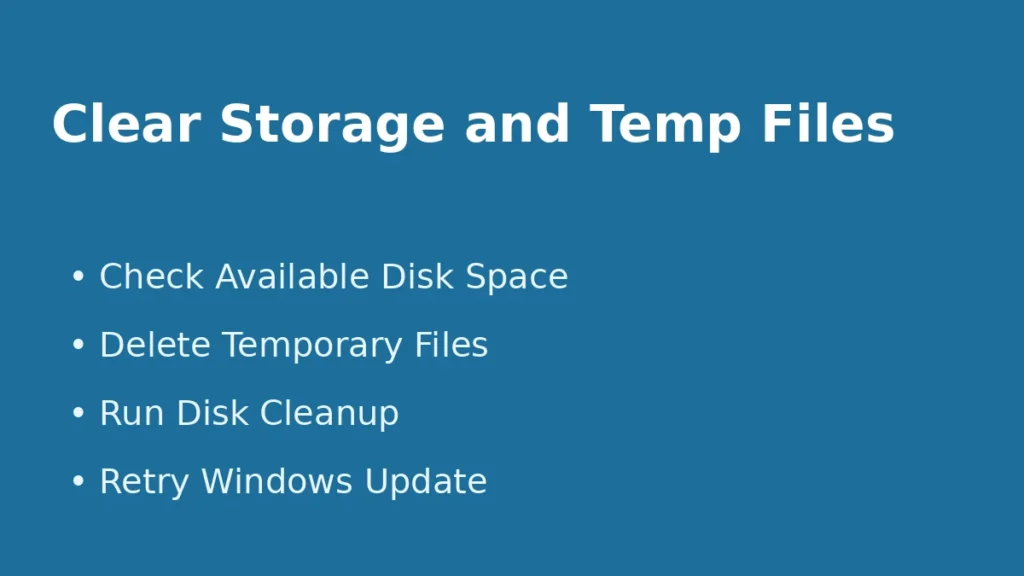 Clear storage space and temporary files when Windows Update fails due to insufficient disk space or cache conflicts