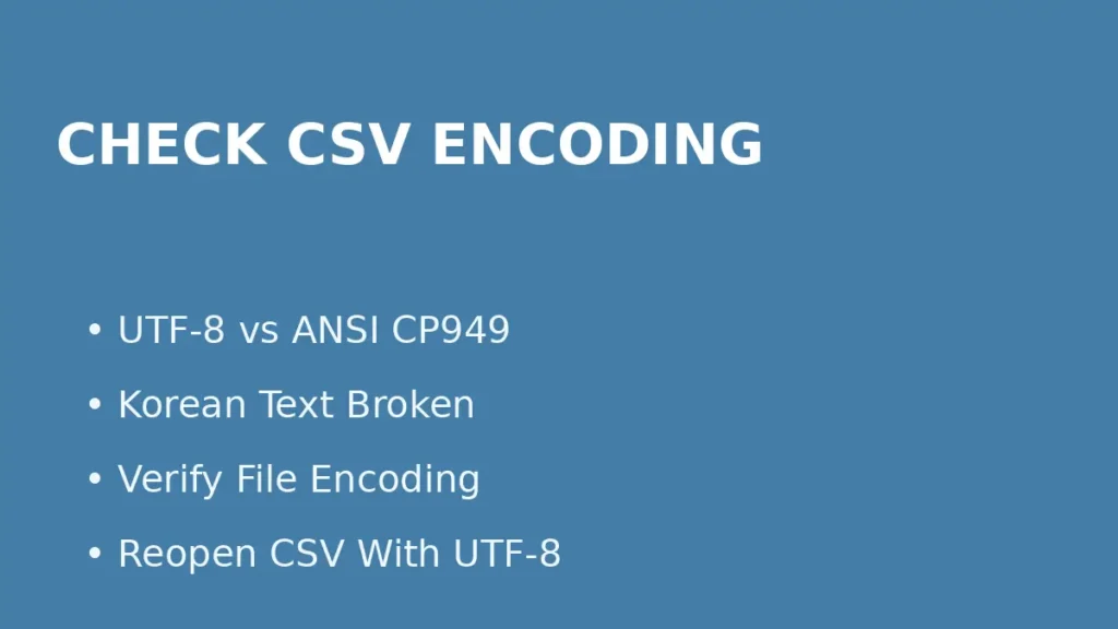 Fix Korean text broken in CSV by checking encoding type such as UTF-8 or ANSI CP949 before opening in Excel