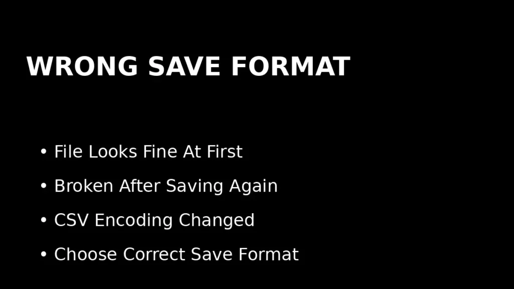 CSV file becomes corrupted after saving again due to wrong encoding or save format in Excel