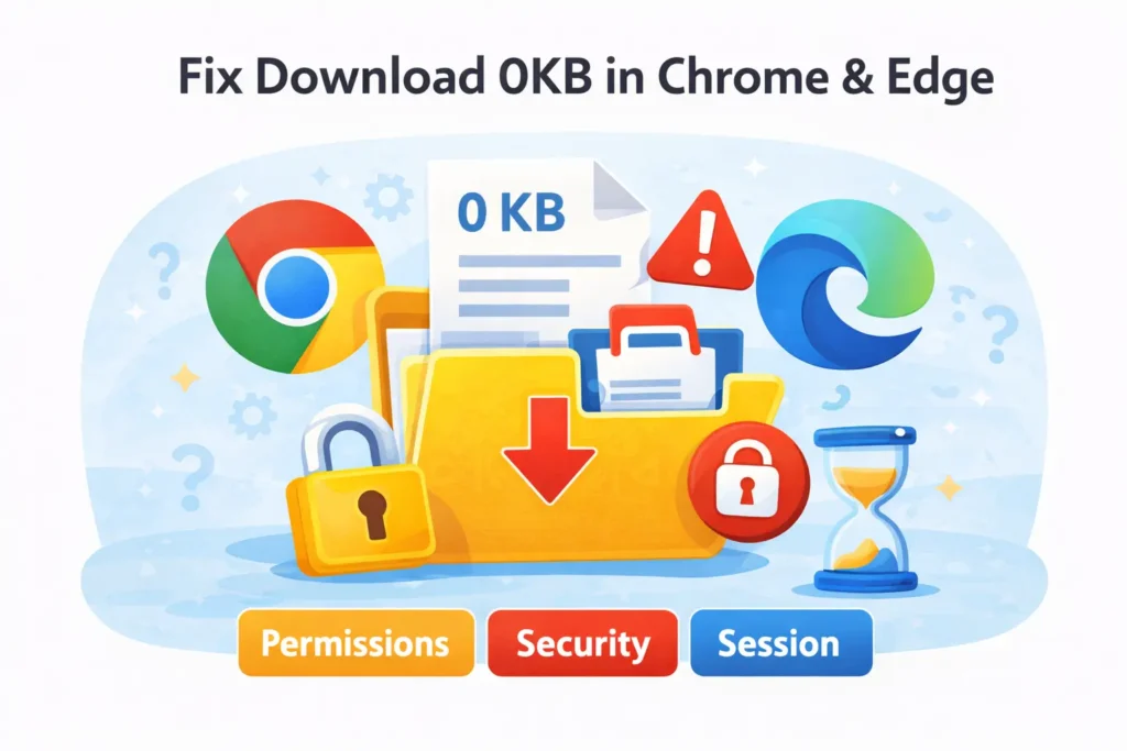 Download 0KB fix thumbnail for Chrome and Edge showing a 0 KB file and quick causes like permissions security and session