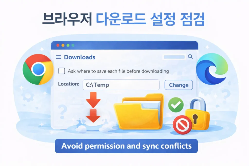 Browser download settings screen showing download location set to C:\\Temp to avoid permission and sync conflicts