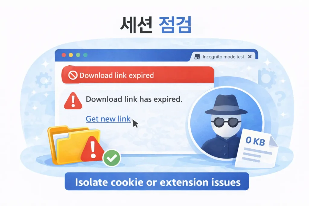 Session check UI showing expired download link and incognito mode test to isolate cookie or extension issues