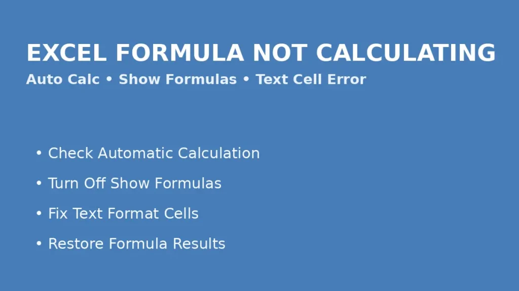 Fix Excel formula not calculating caused by automatic calculation settings show formulas mode or text format cell errors