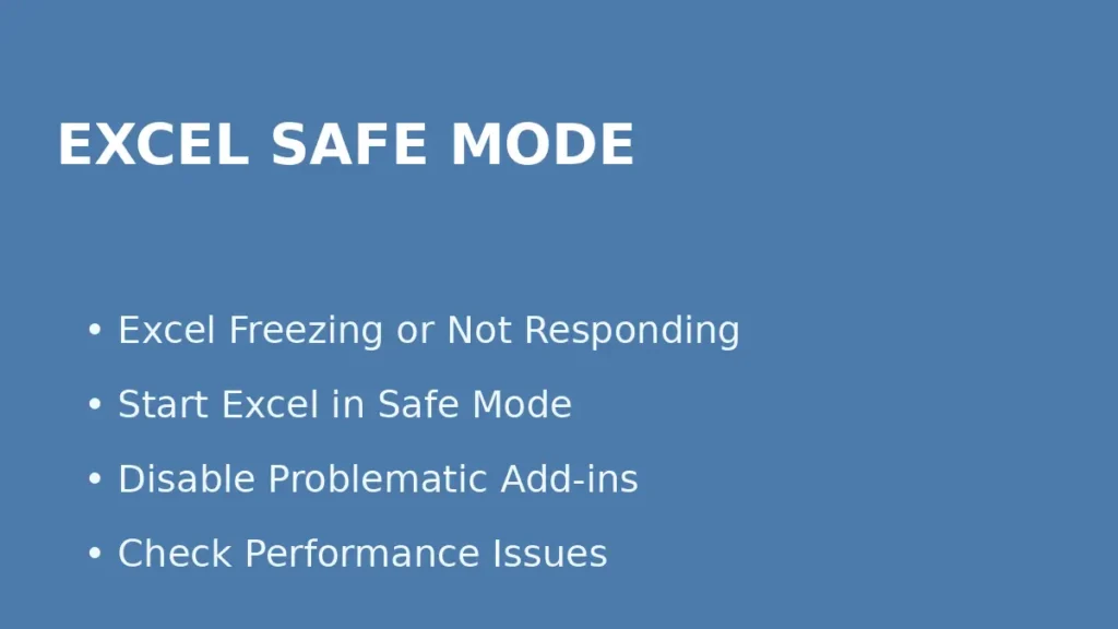 Fix Excel freezing or not responding by starting Excel in safe mode and disabling problematic add-ins