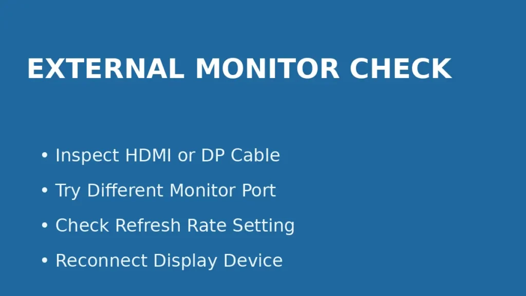 Fix screen flickering on external monitor by checking HDMI or DisplayPort cable monitor port and refresh rate settings