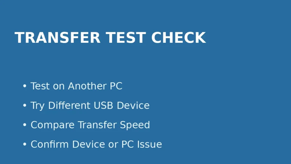 Diagnose slow file transfer by cross testing the device and PC to confirm whether the issue is hardware or system related