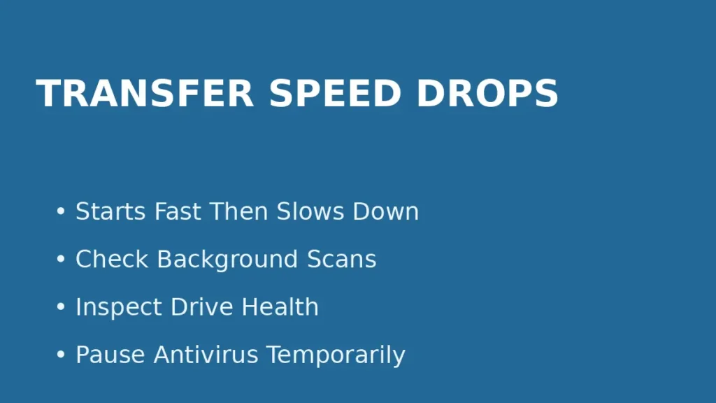 Fix file transfer speed dropping after starting fast by checking background scans drive health and antivirus activity
