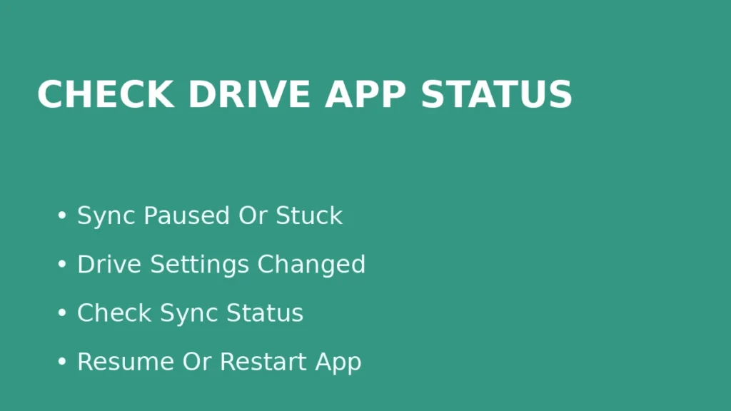 Check Google Drive for Desktop sync paused status or changed settings when files stop syncing properly