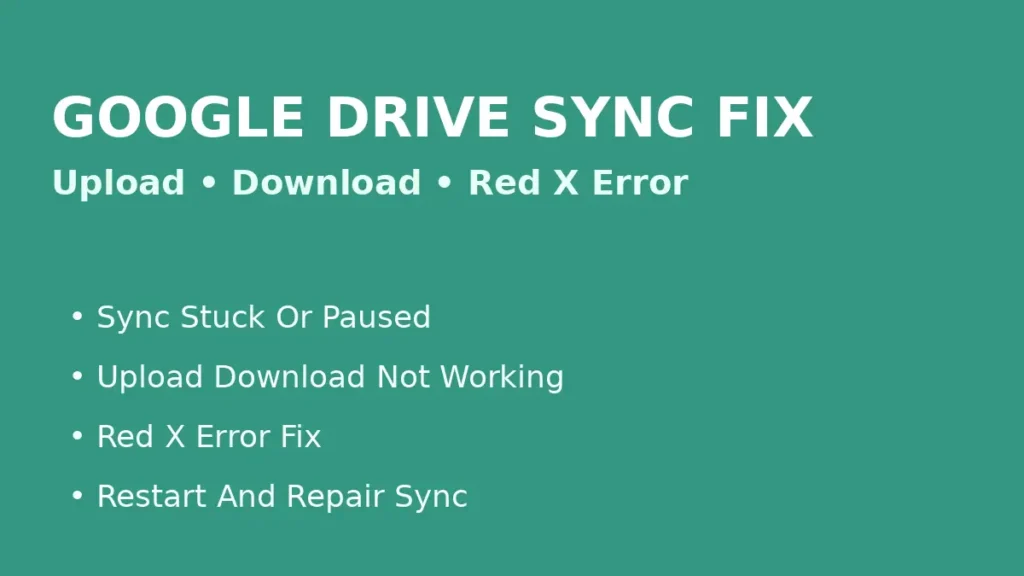Fix Google Drive sync not working including upload download stuck and red X error recovery steps