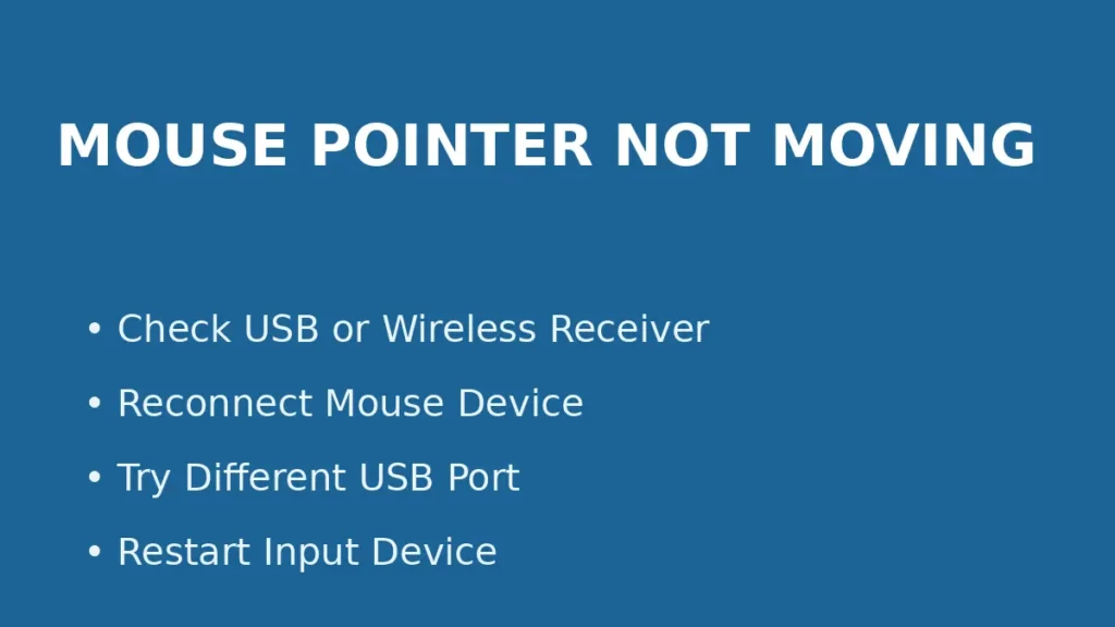Fix mouse pointer not moving in Windows by checking USB receiver wireless connection and reconnecting the mouse device
