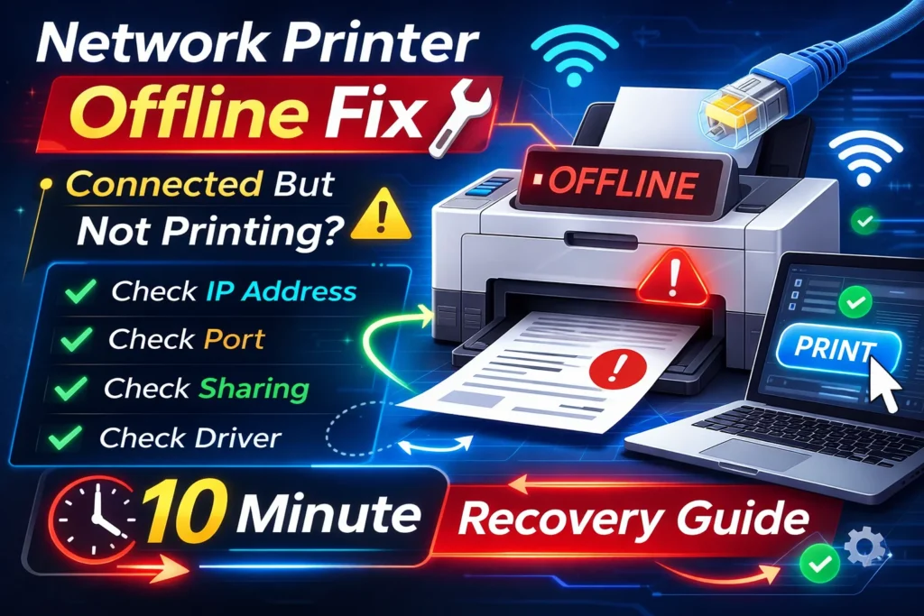 Network printer offline fix showing printer connected but not printing with IP port and sharing troubleshooting steps