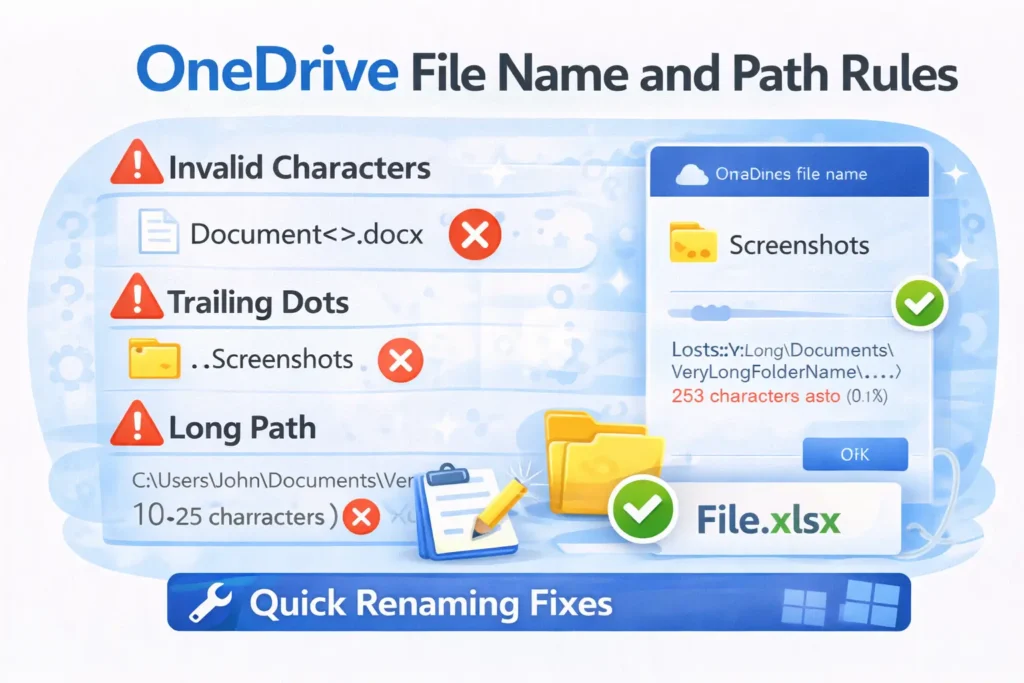 OneDrive file name and path rules UI showing invalid characters trailing dots and long path issues with quick renaming fixes