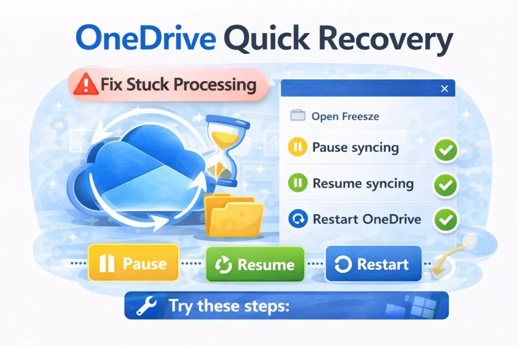 OneDrive quick recovery UI showing pause syncing resume syncing and restart steps to fix stuck processing