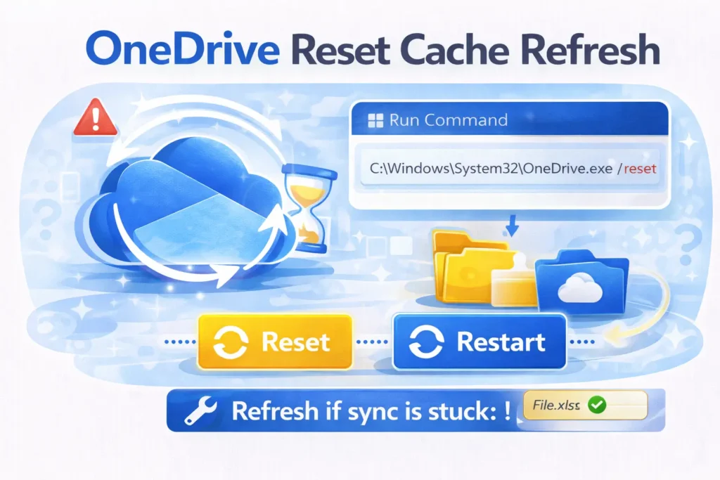 OneDrive reset cache refresh UI showing the reset command and restart steps when sync is stuck