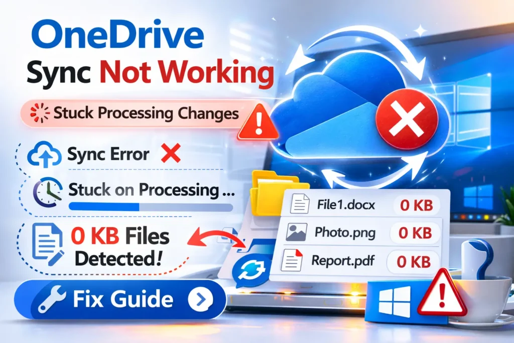 OneDrive sync not working thumbnail showing red X error stuck processing changes and 0 KB files fix guide