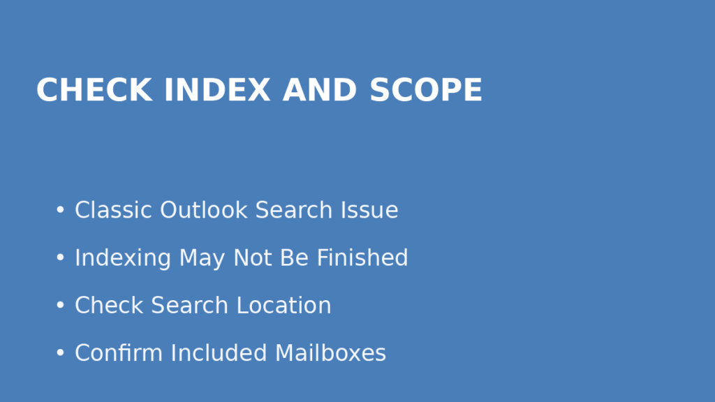Check indexing status and search scope in classic Outlook when email search results are missing