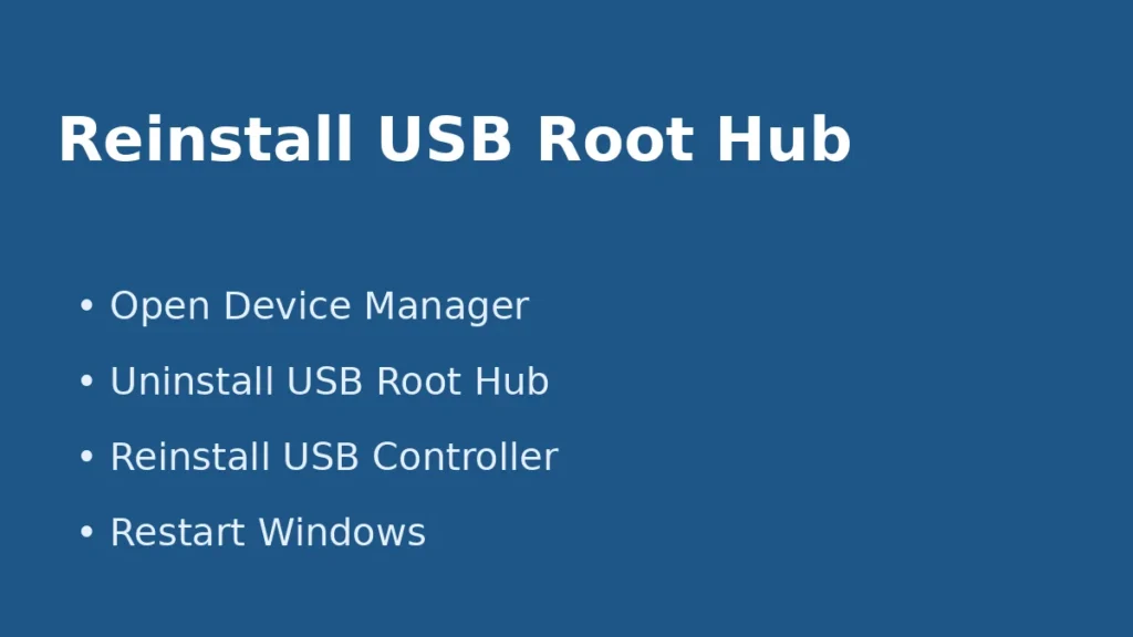 Reinstall USB root hub and controller in Device Manager to fix USB device issues after reboot