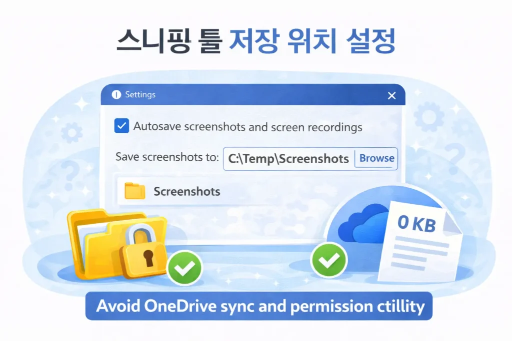 Snipping Tool save location settings showing C:\\Temp\\Screenshots to avoid OneDrive sync and permission conflicts