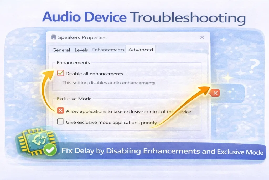 Audio device troubleshooting screen showing enhancements turned off and exclusive mode unchecked to reduce app-specific audio delay
