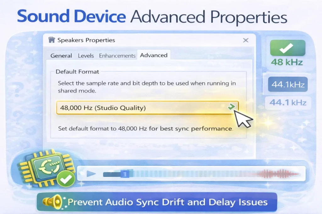 Sound device advanced properties showing default format set to 48,000 Hz to prevent audio sync drift and delay issues
