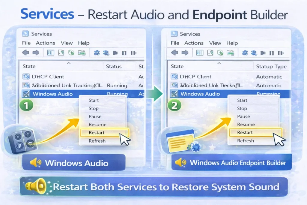 Services panel showing Windows Audio and Windows Audio Endpoint Builder restart actions to restore system sound