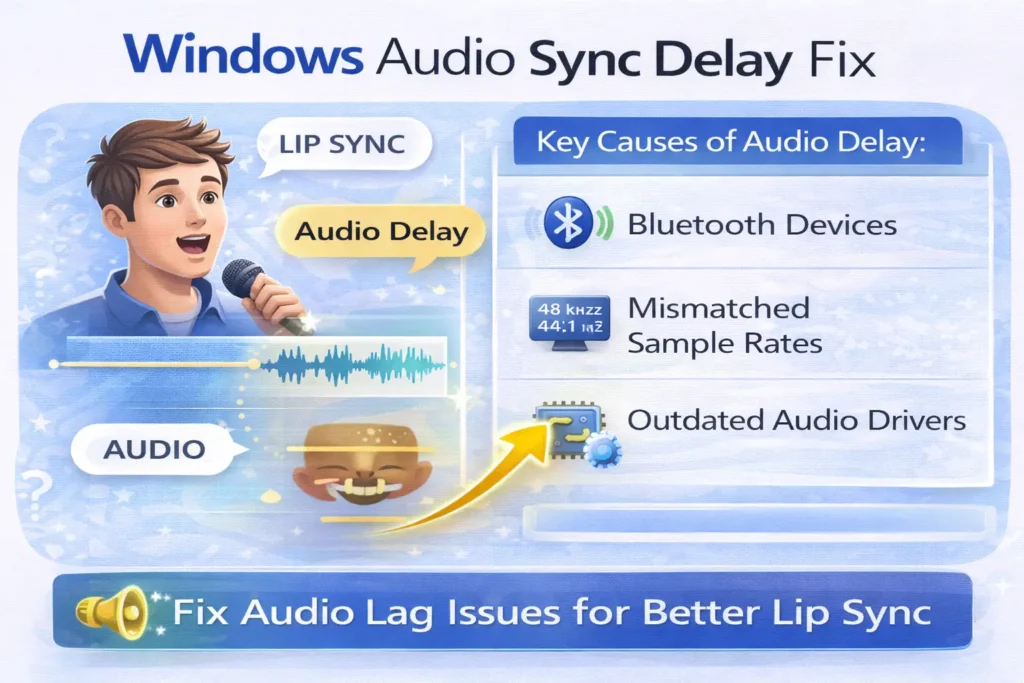 Windows audio sync delay fix thumbnail showing lip sync audio delay and key causes like Bluetooth sample rate and drivers