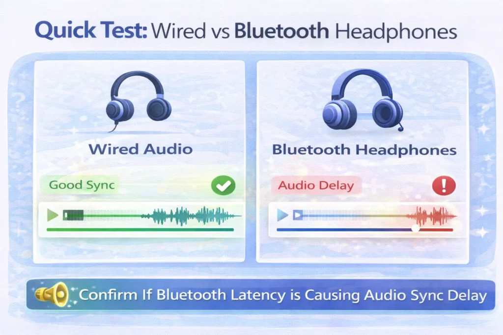 Quick test UI comparing wired audio versus Bluetooth headphones to confirm if Bluetooth latency is causing audio sync delay