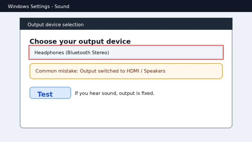 Windows sound settings screen showing Bluetooth stereo headphones selected as the output device with a test button