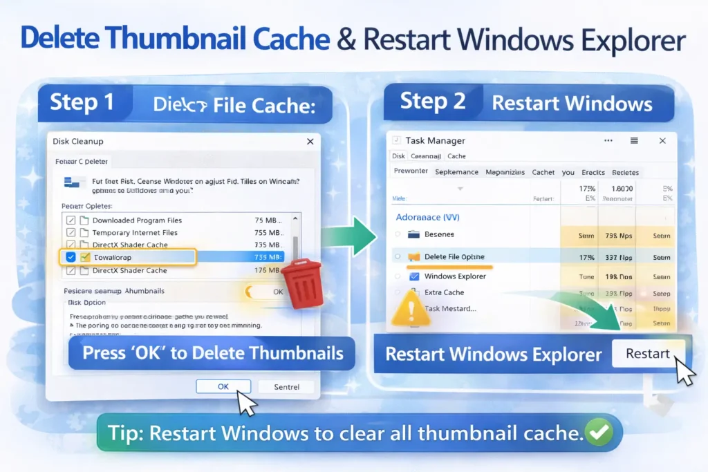 Step-by-step UI showing deleting thumbnail cache in Disk Cleanup and restarting Windows Explorer in Task Manager