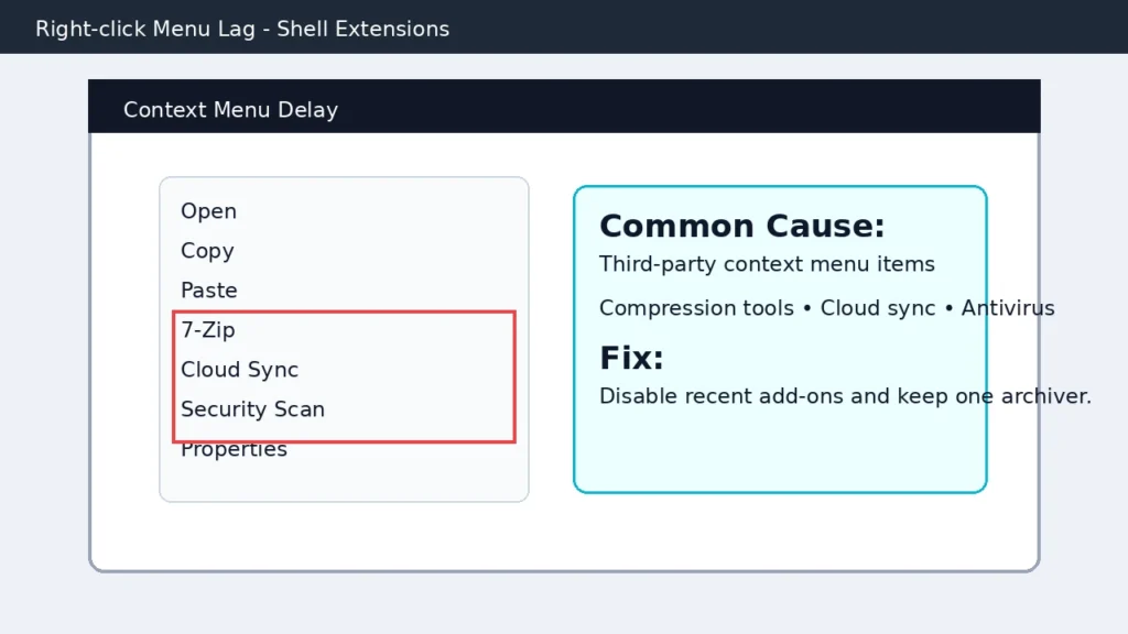 Context menu right click lag diagram highlighting third-party shell extensions like archivers cloud sync and antivirus