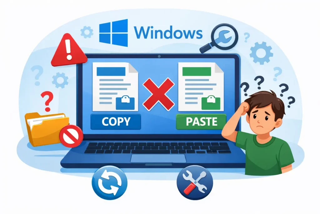 Windows copy and paste not working fix guide thumbnail showing laptop error icons and troubleshooting tools