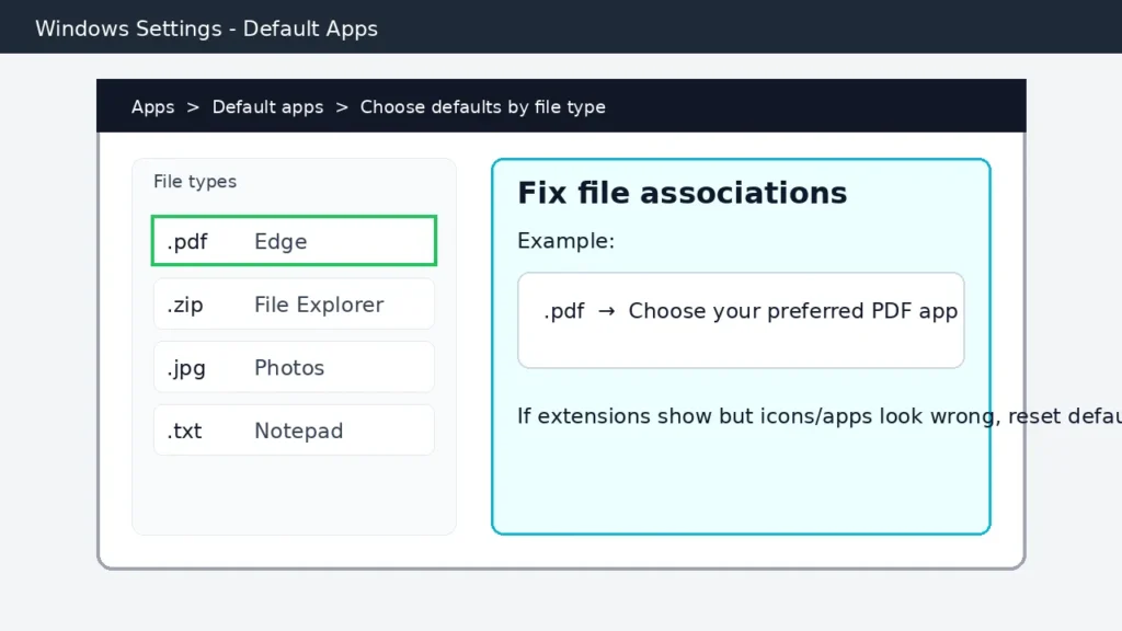 Windows default apps by file type screen highlighting .pdf association to fix wrong icons and app links