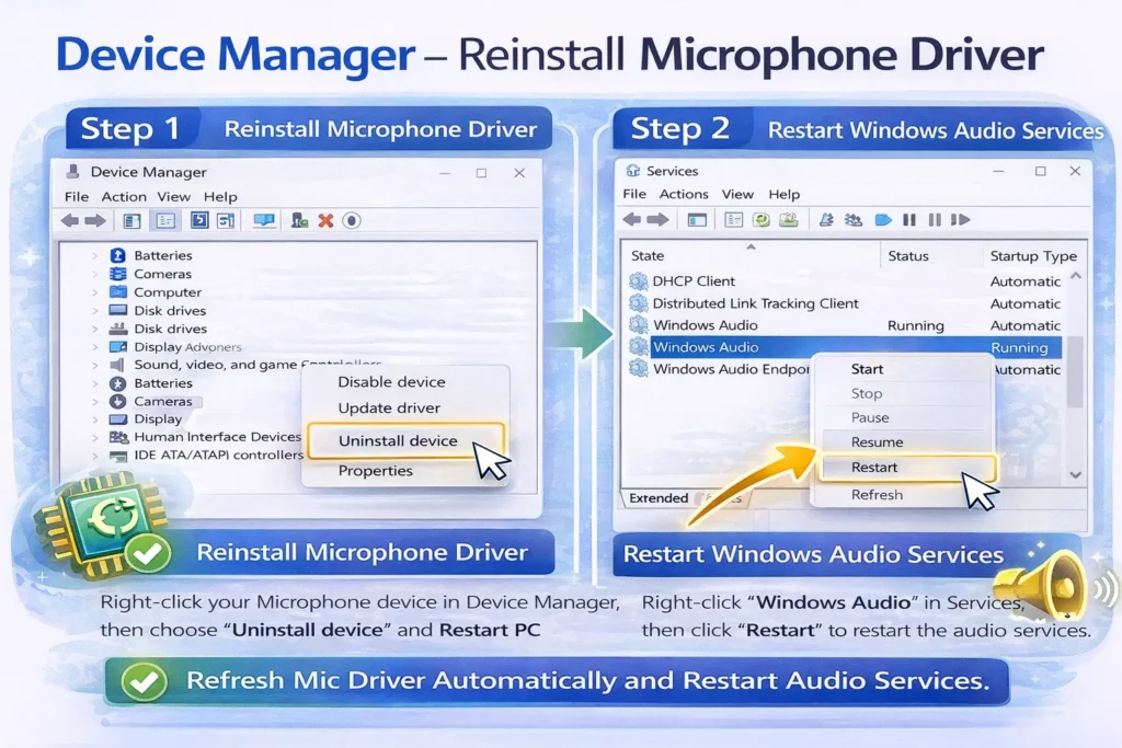 Device Manager screen highlighting microphone driver reinstall steps and Windows Audio services restart