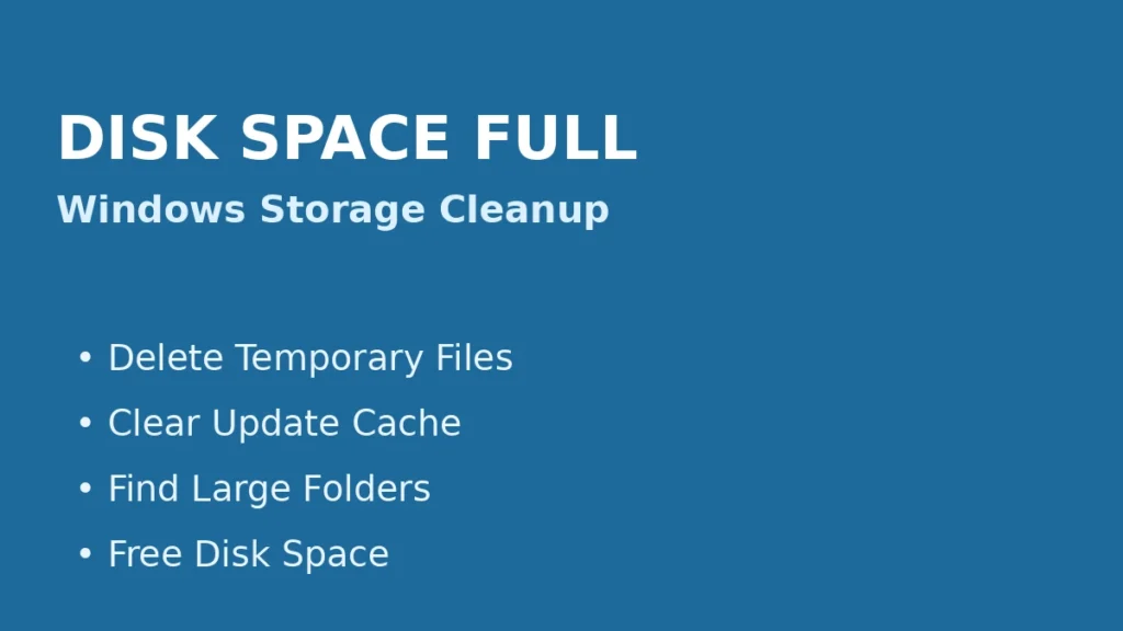 Windows disk space full fix showing temporary files cleanup update cache removal and large folder storage analysis