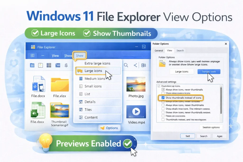 Windows 11 File Explorer view options UI showing large icons and show thumbnails settings enabled for previews