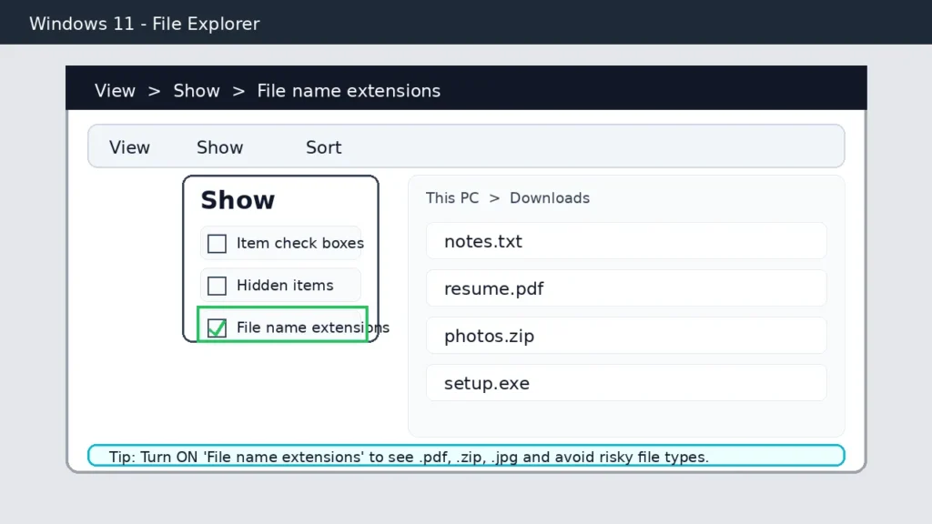 Windows 11 File Explorer view menu showing file name extensions option enabled to display .pdf .zip .jpg