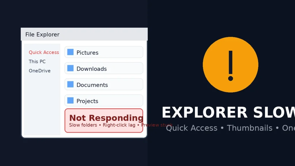 Windows File Explorer slow or not responding thumbnail showing Quick Access freeze, preview stuck, and OneDrive sync lag fixes